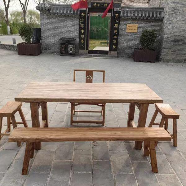 简约大板餐桌老榆木茶桌台桌复古怀旧原木办公桌书桌椅家用