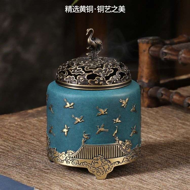 铜香炉仿古瑞鹤香薰炉创意家居铜摆件檀香炉香篆炉线香盘香黄