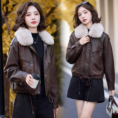 高端专柜绵羊皮女装2024冬季款毛领加厚加棉时尚洋气短款上衣外套
