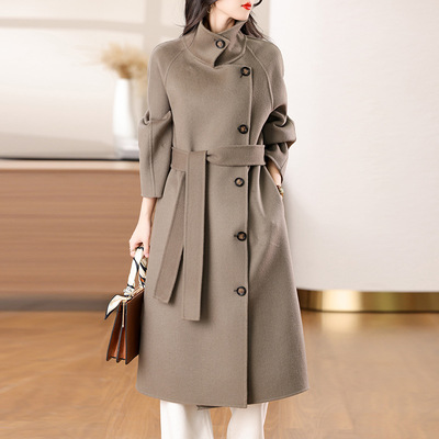 立领双面呢羊毛大衣新款宽松女长款系带时尚过膝质感优雅百搭外套