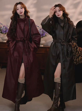 高级感立领pu皮衣外套长款女2025秋季气质系带复古红色风衣大衣潮