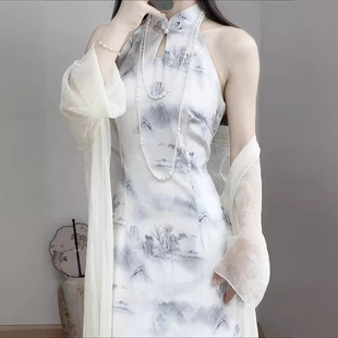 挂脖少女连衣裙 小清新旗袍2024新款 改良国风夏季 年轻款 百搭新中式