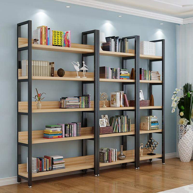 简约货架置物架书架落地多层铁艺架子钢木书柜储物架客厅展示架
