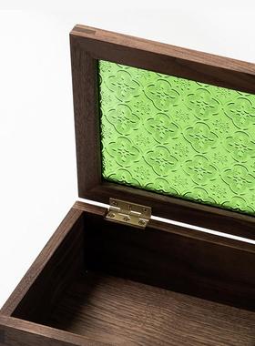 黑胡桃木收纳盒绿色复古压花海棠玻璃盖翻盖式燕尾榫木盒子储物盒
