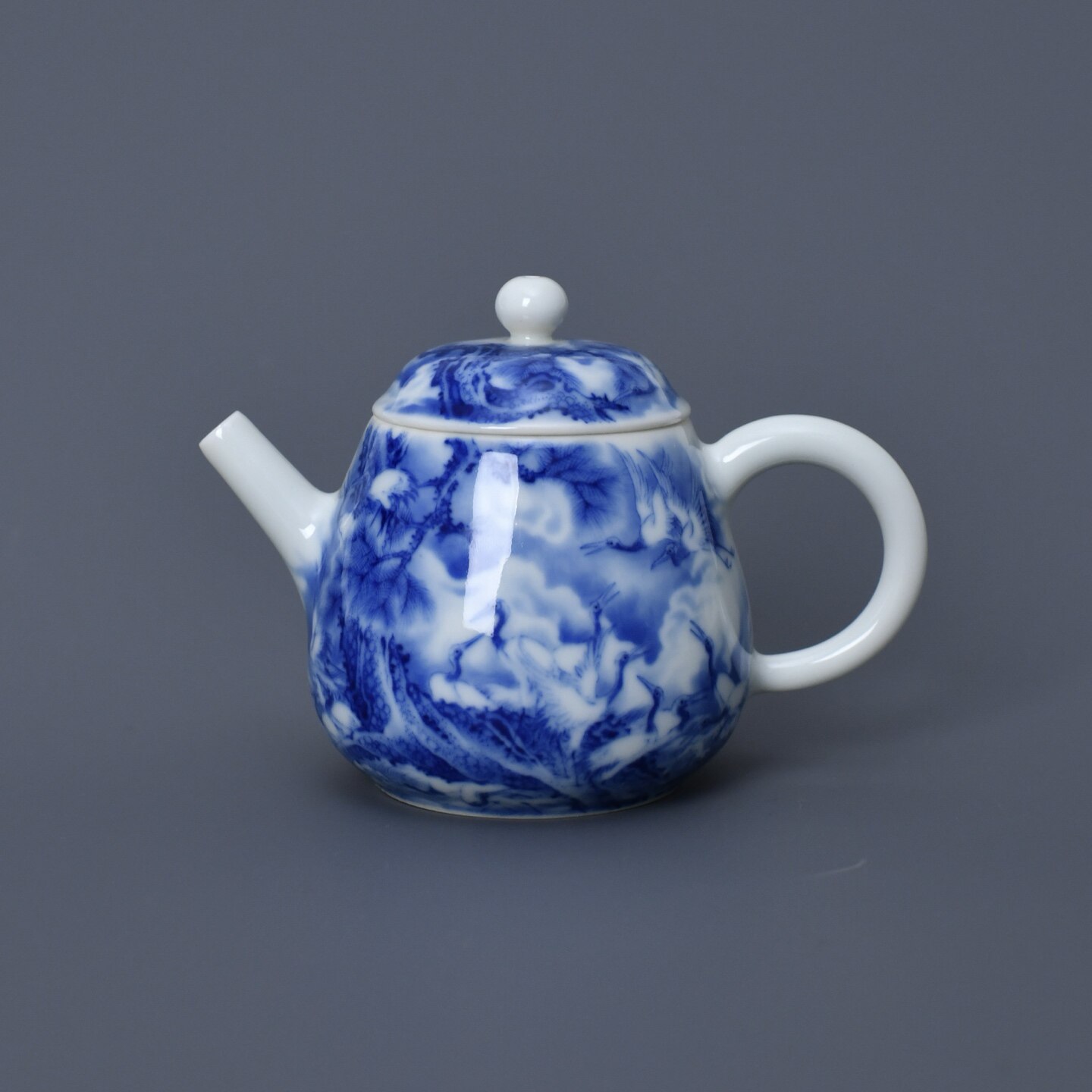 景德镇妙色柴窑青花松鹤瓷壶纯手工中式泡茶家用茶壶高档仿古陶瓷