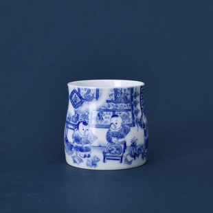 景德镇九段烧九段妙手婴戏井栏杯节日商务送礼名窑手绘青花主人杯