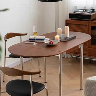 中复古实木不22339锈钢折叠餐可桌椅家用小户伸缩长方台半圆桌形