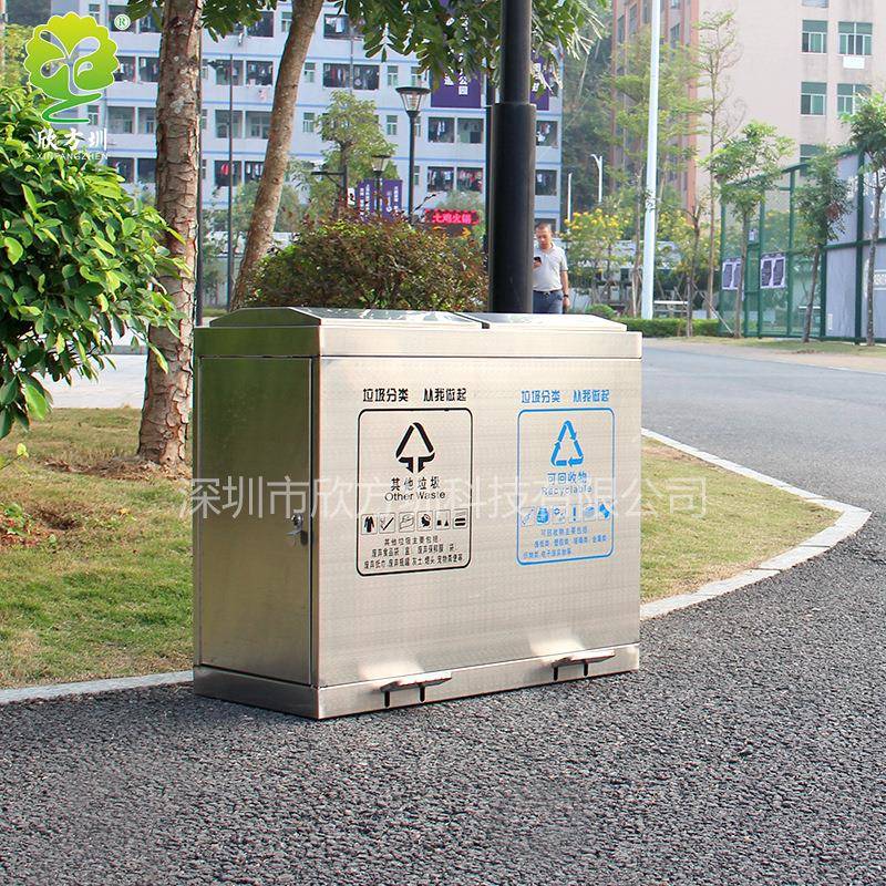 室内商用脚踏式大容量两连体不锈钢分类垃圾桶资源回收箱