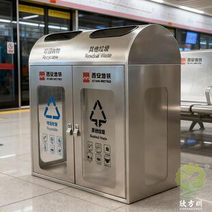 西安室内地铁站轨道交通透明防爆不锈钢分类垃圾桶金属立式果皮箱