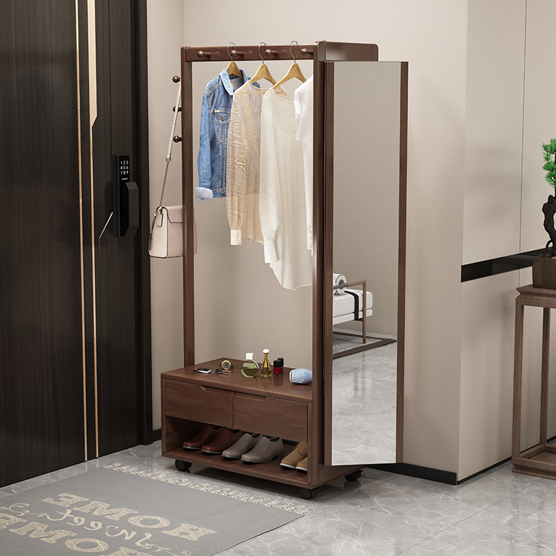 实木衣帽架带镜子入户门客厅鞋架换鞋凳一体落地挂衣架门口置物架
