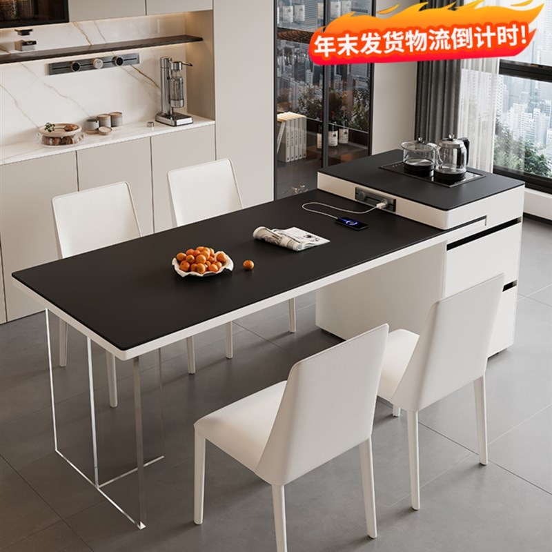 原木风实木岛台餐桌一体家用倒台餐厅中导台加餐桌可伸缩轻奢高端