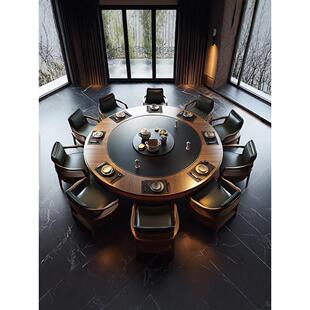酒店电动大圆桌实木餐桌石板平行转盘升降机2.3米酒店包厢俱乐部1