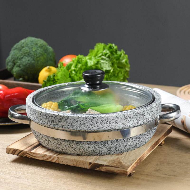 天然石锅拌饭石锅鱼石板料理石锅菜专用锅耐高温石锅带盖子酒店商