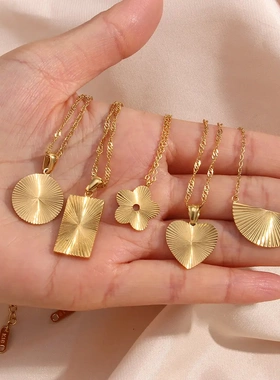 欧美流行不锈钢耳钉饰品复古气质电镀18k条纹几何吊坠项链