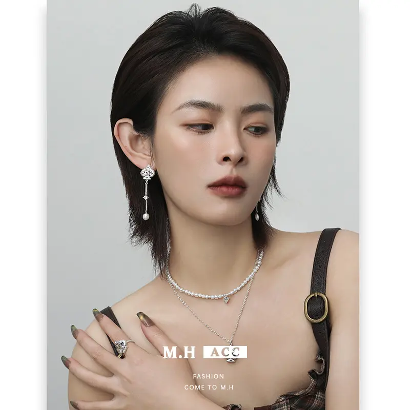 轻奢精致小众双色桃心耳环女长款流苏珍珠耳坠气质高级感耳饰