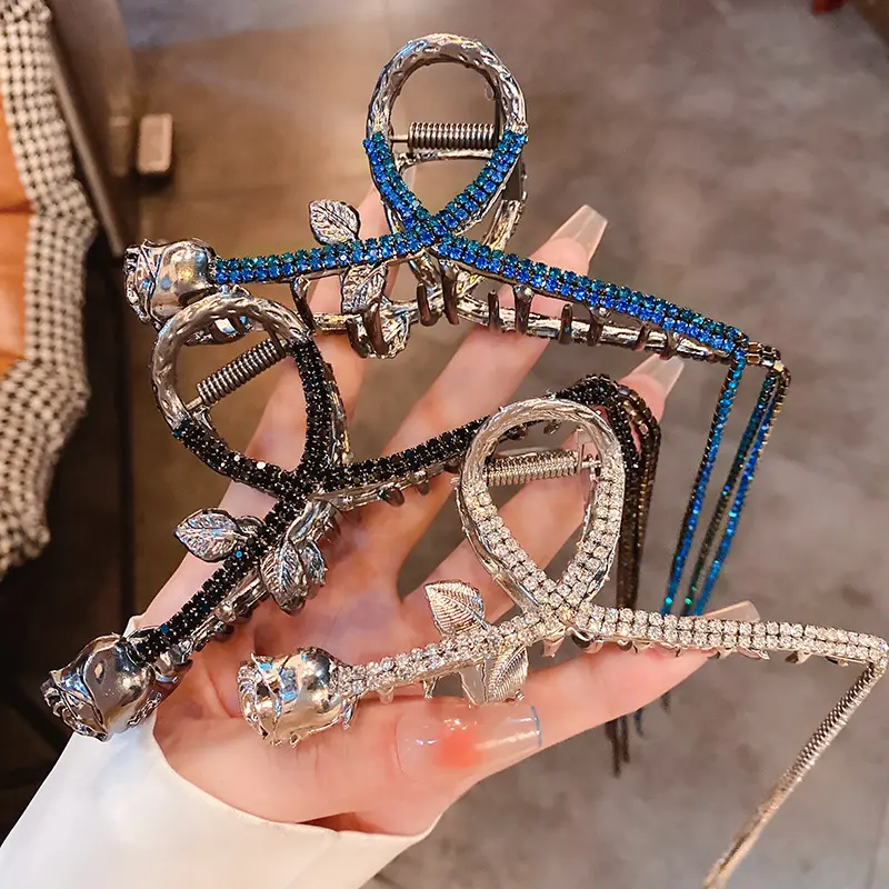 潮流玫瑰花朵镶钻流苏发夹ins风气质盘发抓夹新款时尚设计感发饰