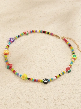 欧美软陶片手工编织项链 田园风多水果颈链米珠饰品