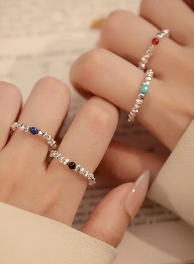 s925银碎银子玉石串珠戒指女时尚个性百搭弹力绳手作食指环