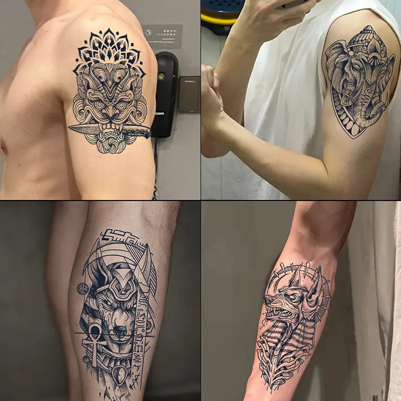 花臂草本纹身贴男防水持久仿真手臂狗头阿努比斯般若象半刺青