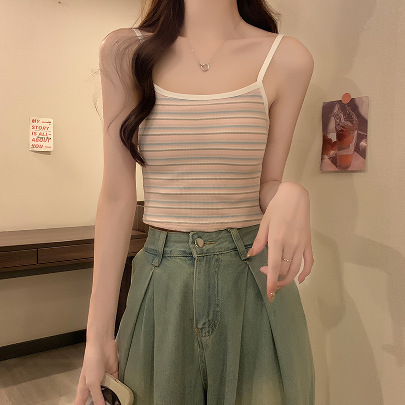纯棉吊带背心女外穿夏季2025新款打底条纹短款辣妹带胸垫抹胸上衣