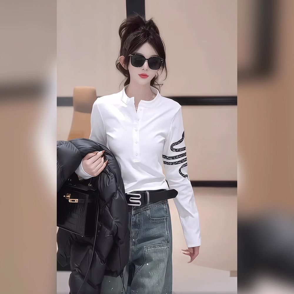 白色小蛇修身长袖T恤女款2025新款开春季韩系高级感开春穿搭上衣