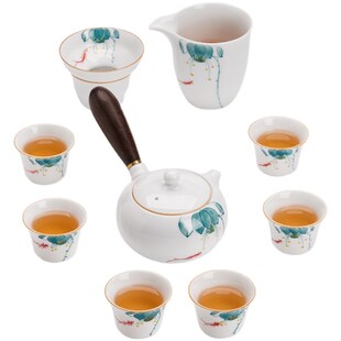 整套客厅泡茶具 家用白手绘鱼戏盖碗茶杯w瓷功夫茶具套装