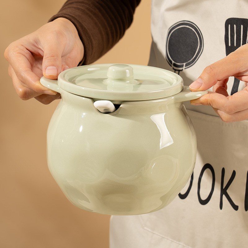 奶油风手捏陶瓷双k耳猪油罐白糖罐家用奶高温带盖调料辣椒油罐坛