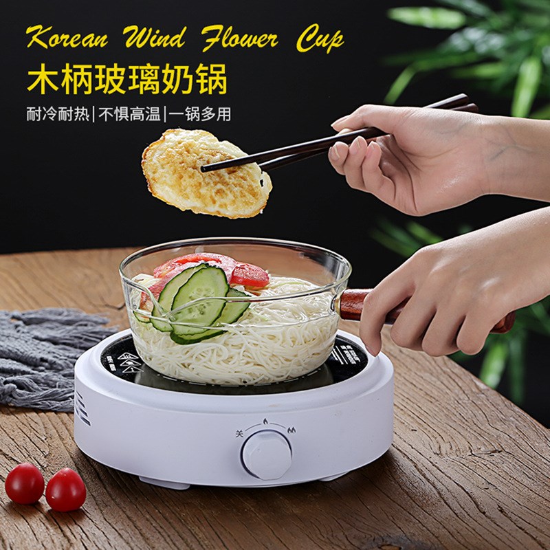 高硼硅玻璃奶锅侧木把汤锅辅食锅煮泡H面碗热红酒牛奶单柄锅可明