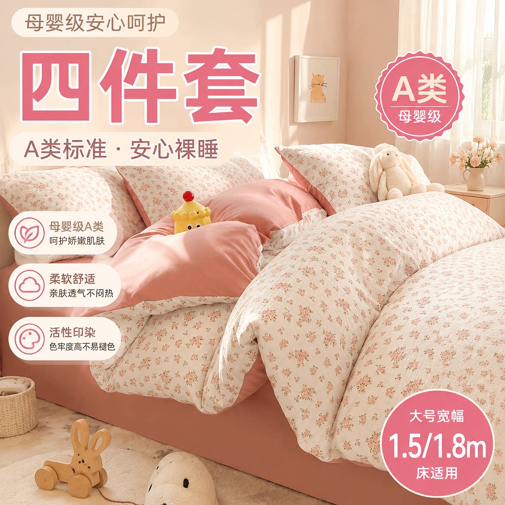 A类母婴级透气亲肤可机洗四件套