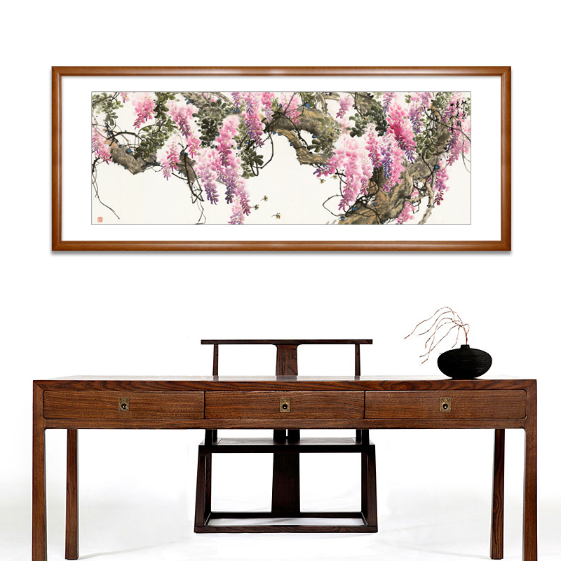 中式客厅办公室卧室横幅花鸟画国画紫藤 紫N气东来装饰画挂画有框