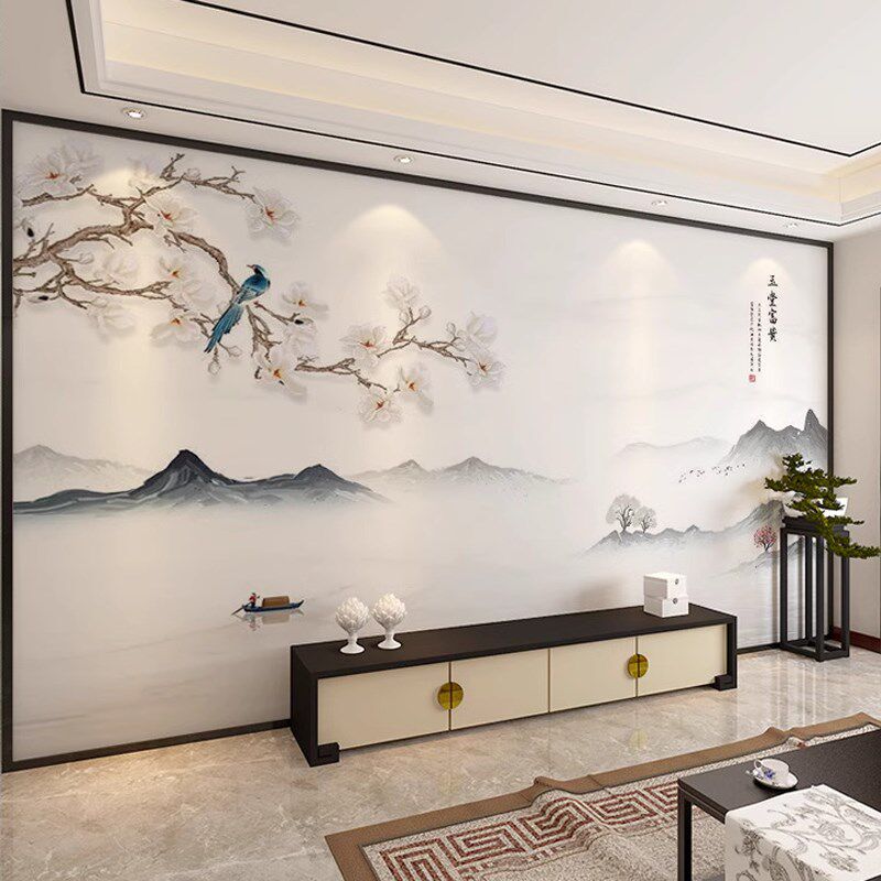 中式大气花鸟水墨山水壁画意境风无纺布墙纸