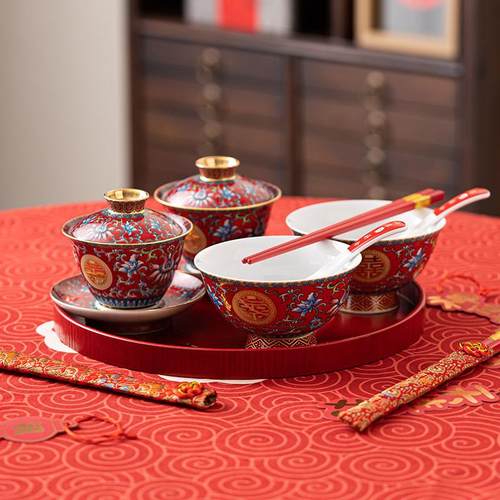 结婚碗筷喜碗套装珐琅彩新婚夫妻碗一对改口敬茶杯婚庆陪嫁用品