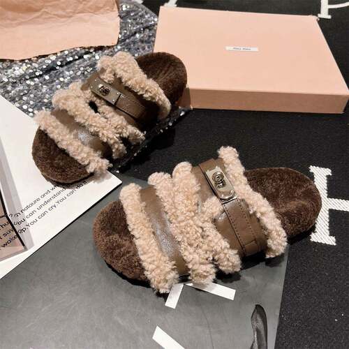 好货欧货羊羔毛毛鞋金属扣搭扣露趾一字凉鞋托外穿平底鞋拖鞋勃肯