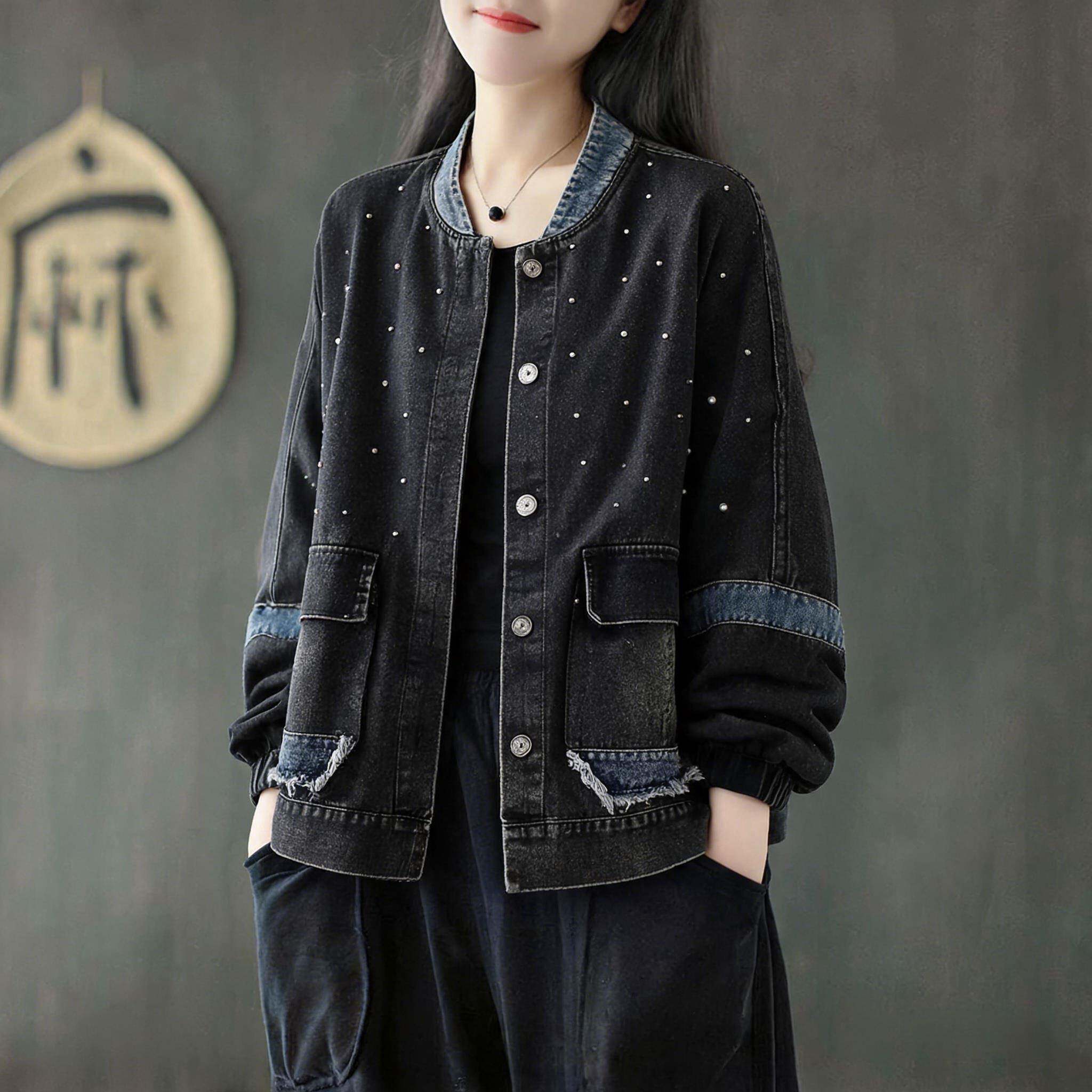 好货松弛感洋气复古钉珠牛仔外套女春秋大码宽松显瘦百搭休闲开衫