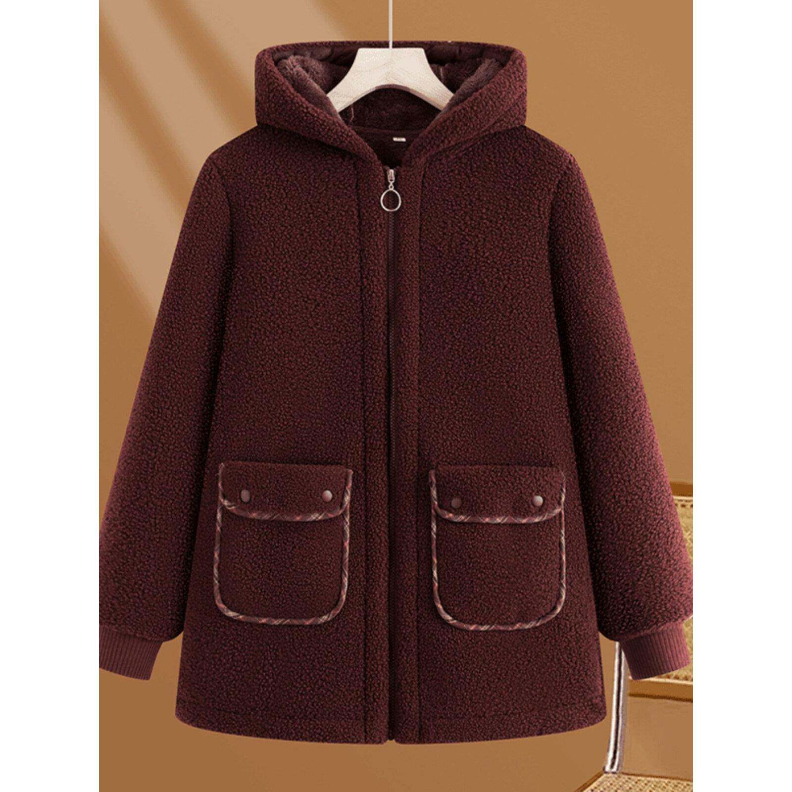 好货中老年妈妈冬装摇粒绒加厚连帽外套加绒保暖中长款羊羔绒奶奶