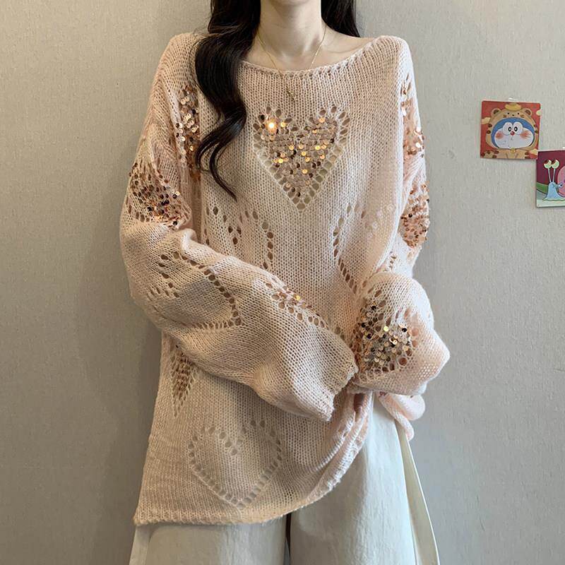 好货大码慵懒风重工亮片镂空长袖针织衫女秋冬季胖MM宽松遮肉百搭
