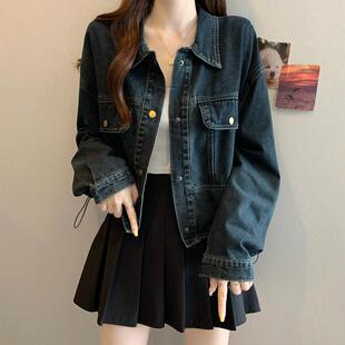 推荐蓝色复古港风牛仔衬衫外套女春秋2025大码胖mm显瘦短款Polo领