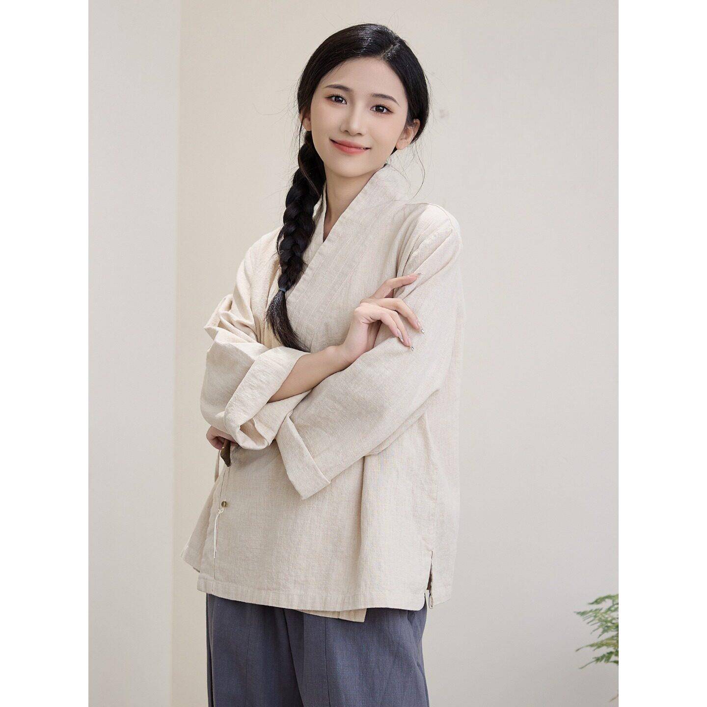 好货中国风复古宽松休闲斜襟汉服衫长袖亚麻练功休闲太极服居士道