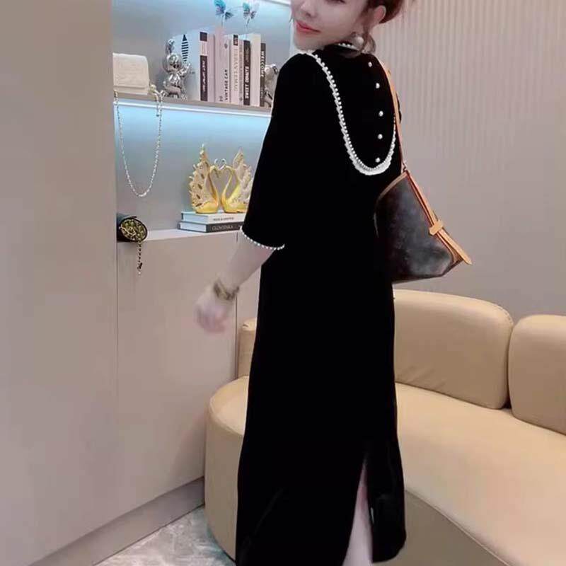 好货2026春秋季款欧货丝绒连衣裙女减龄重工钉珠气质名媛五分袖礼