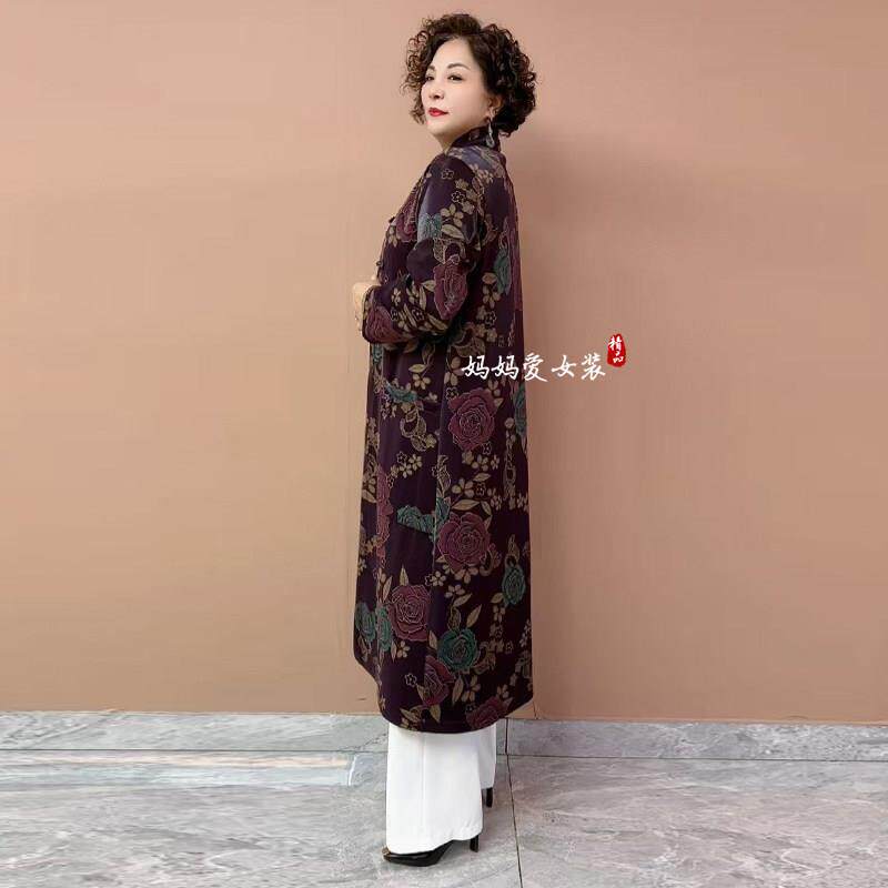 好货春季时尚妈妈装亮光丝提花国风中长款开衫外披宽松大码风衣外