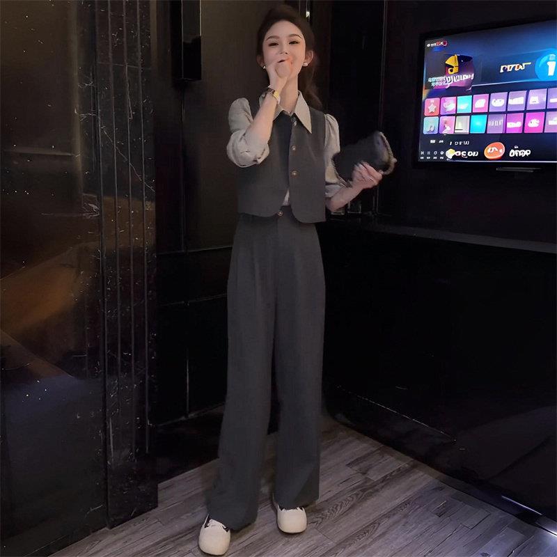 好货小个子时尚气质套装女春秋新款显瘦马甲外套职业衬衫阔腿裤三