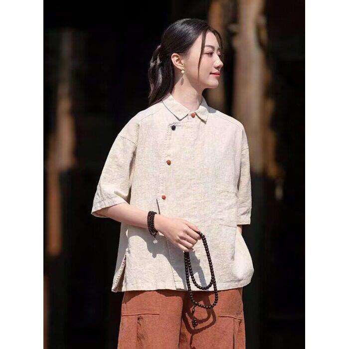 好货新中式斜襟盘扣翻领短袖衬衫女文艺复古棉麻国风禅意茶服休闲