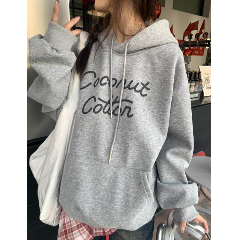 推荐美式复古秋季宽松灰色连帽卫衣女懒人慵懒风套头长袖内搭印花