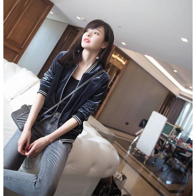 好货简约黑色拉链长袖外套女春秋欧货休闲百搭气质轻奢金丝绒开衫