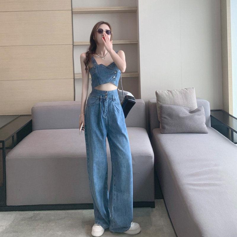好货牛仔套装女短款小吊带背心抹胸上衣+拖地长裤时尚洋气炸街两
