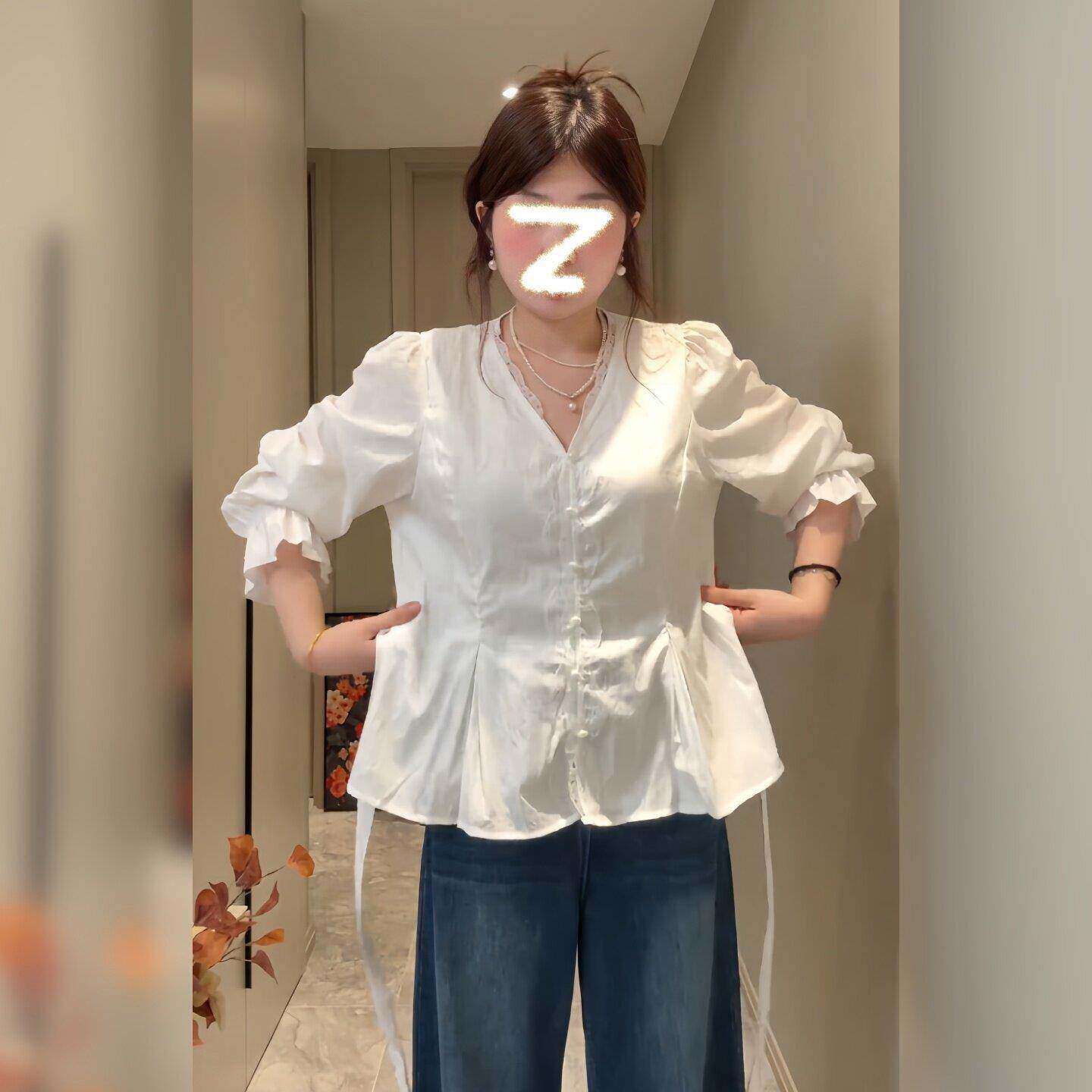 好货A2611大码韩版ins风甜美减龄V领收腰设计感衬衫上衣2026秋季