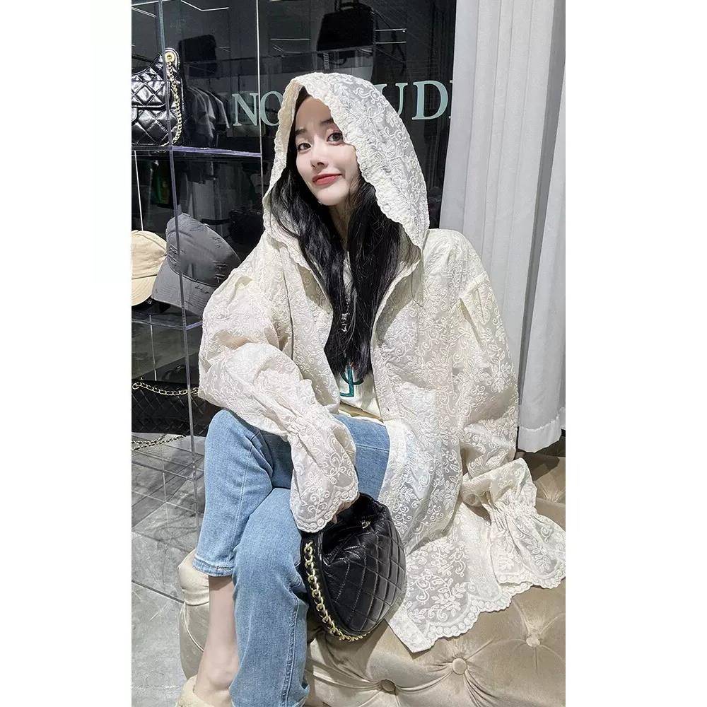 好货现货 春秋薄外套女2026新款设计感小众拼接开衫白色蕾丝连帽