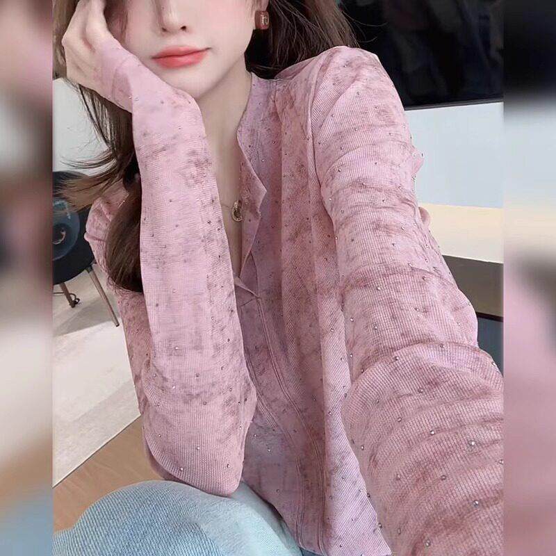 好货韩系粉色烫钻晕染长袖衬衫女春季新款洋气修身显瘦百搭休闲上