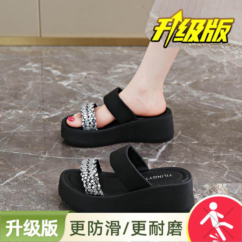 新品法式水钻拖鞋女夏季外穿2026新款高级感配裙子坡跟厚底凉鞋一