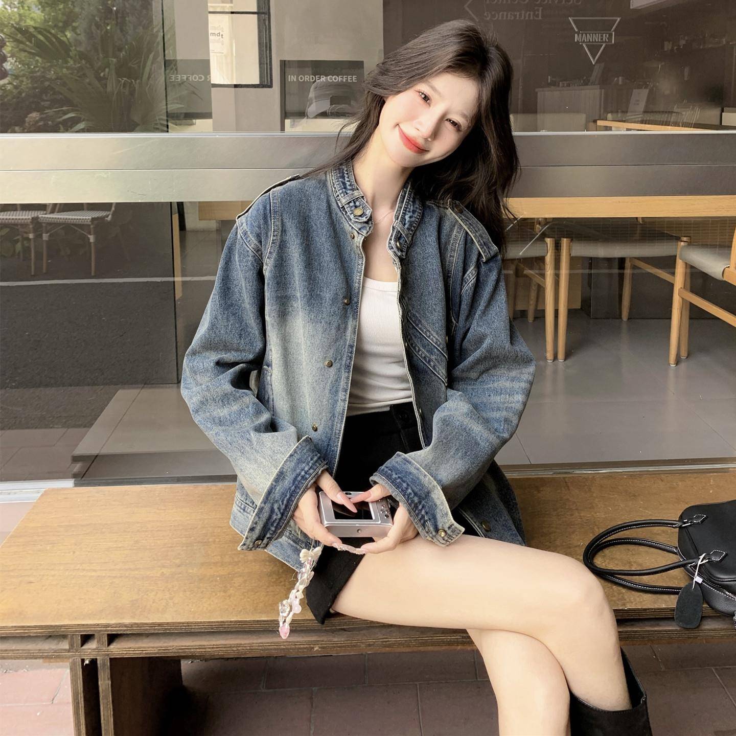 好货韩版水洗做旧复古破洞牛仔夹克女秋新款小个子甜酷风美式显瘦